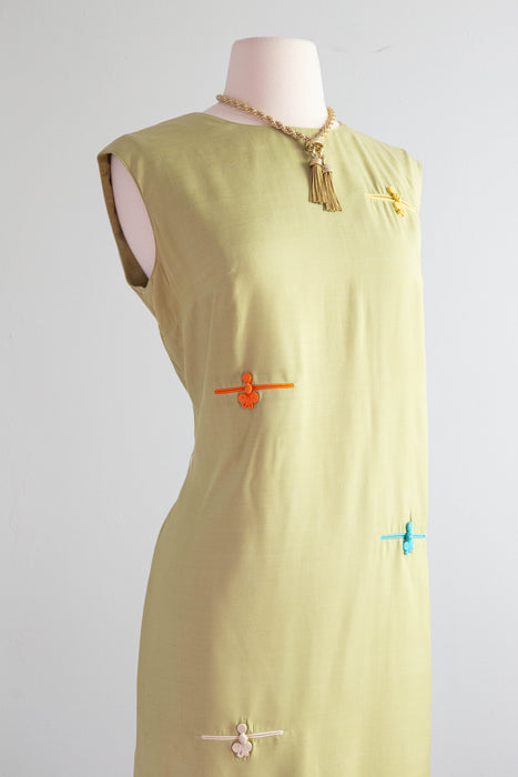 Wonderful 1960's Olive Green Silk Shift With Color Block Pockets / ML