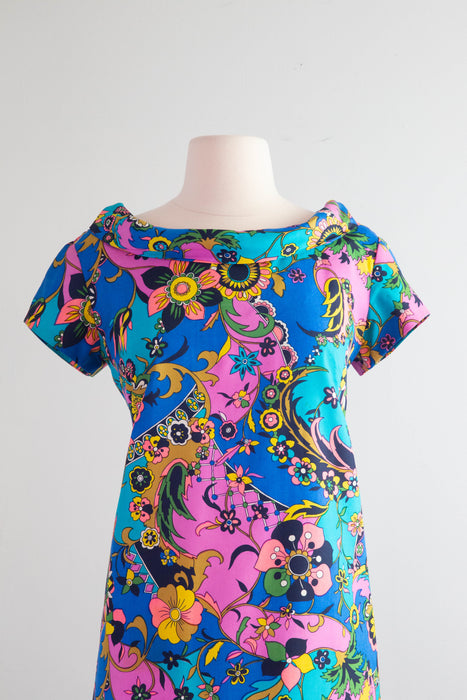 Fantastic 1960's Swirling Silk Mini Dress By McMullen / Medium