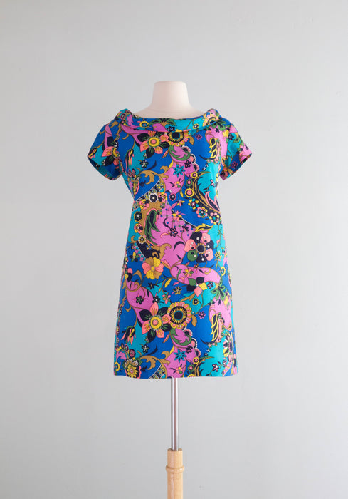 Fantastic 1960's Swirling Silk Mini Dress By McMullen / Medium