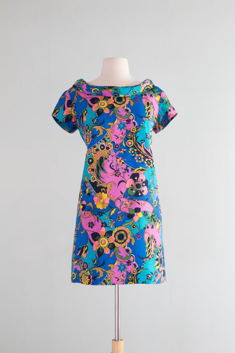 Fantastic 1960's Swirling Silk Mini Dress By McMullen / Medium