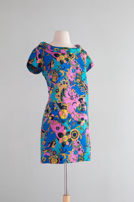 Fantastic 1960's Swirling Silk Mini Dress By McMullen / Medium