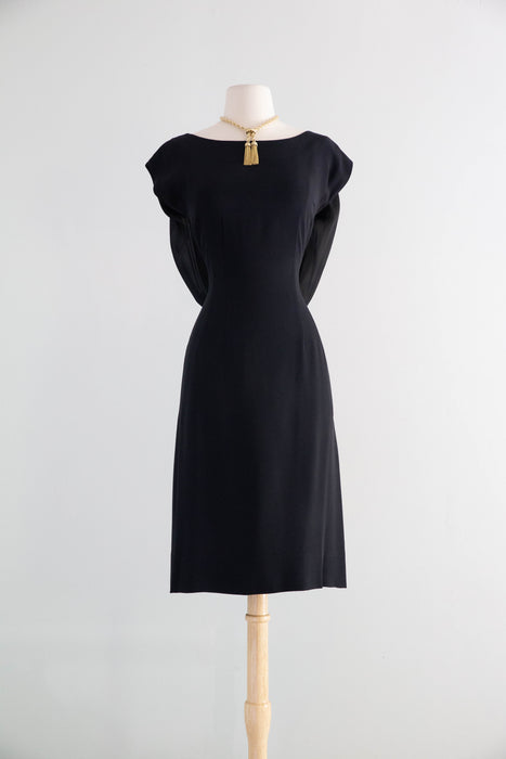 Elegant Early 1960's Little Black Cocktail Dress With Glamorous Back & Bow / M