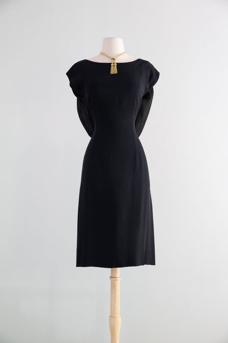 Elegant Early 1960's Little Black Cocktail Dress With Glamorous Back & Bow / M