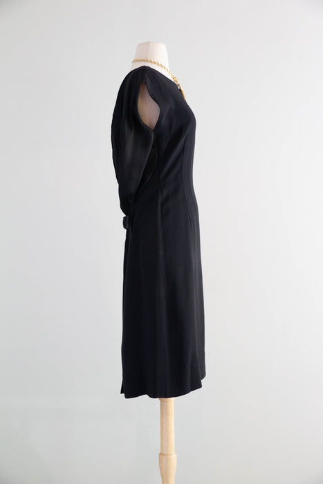 Elegant Early 1960's Little Black Cocktail Dress With Glamorous Back & Bow / M