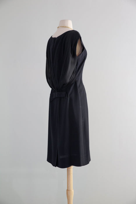 Elegant Early 1960's Little Black Cocktail Dress With Glamorous Back & Bow / M