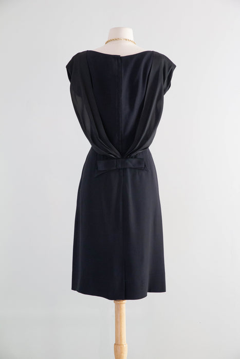 Elegant Early 1960's Little Black Cocktail Dress With Glamorous Back & Bow / M