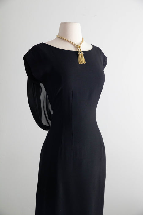Elegant Early 1960's Little Black Cocktail Dress With Glamorous Back & Bow / M