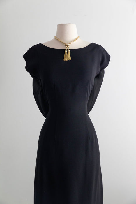 Elegant Early 1960's Little Black Cocktail Dress With Glamorous Back & Bow / M