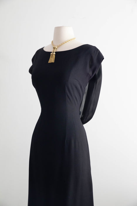 Elegant Early 1960's Little Black Cocktail Dress With Glamorous Back & Bow / M