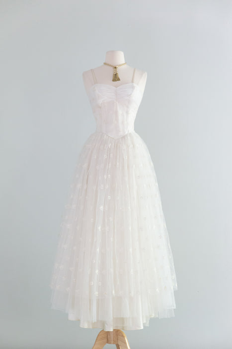 Beautiful 1950's Ballet Length Embroidered Tulle Wedding Dress & Jacket / Small