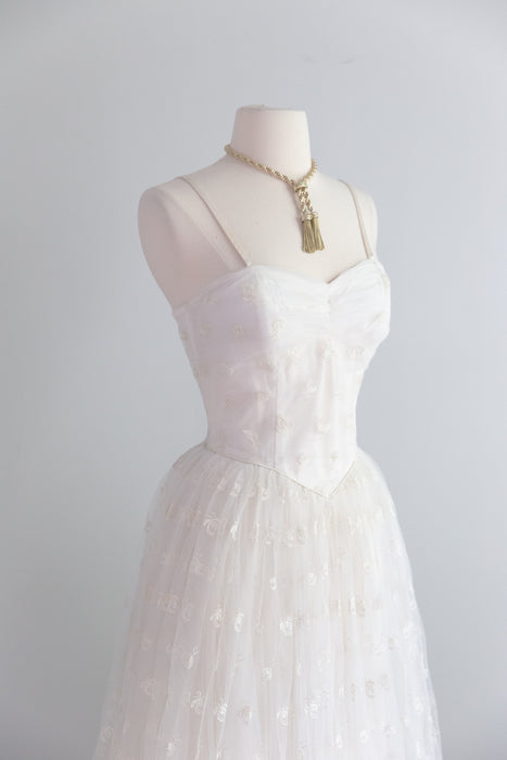 Beautiful 1950's Ballet Length Embroidered Tulle Wedding Dress & Jacket / Small