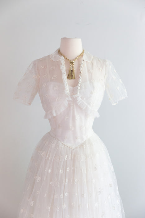 Beautiful 1950's Ballet Length Embroidered Tulle Wedding Dress & Jacket / Small
