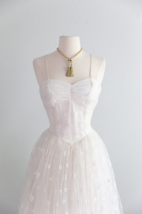 Beautiful 1950's Ballet Length Embroidered Tulle Wedding Dress & Jacket / Small