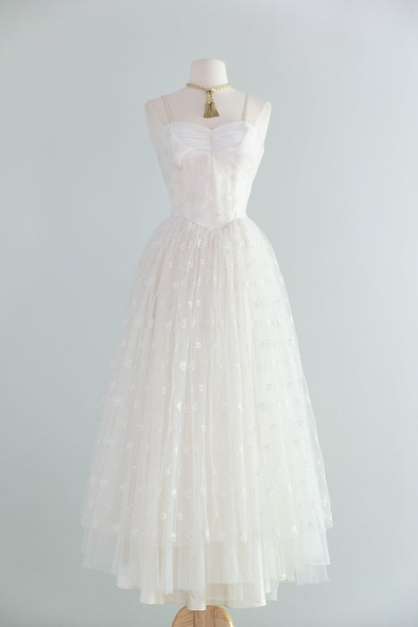 Beautiful 1950's Ballet Length Embroidered Tulle Wedding Dress & Jacket / Small