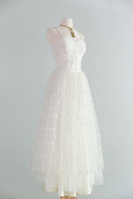 Beautiful 1950's Ballet Length Embroidered Tulle Wedding Dress & Jacket / Small