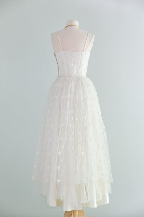 Beautiful 1950's Ballet Length Embroidered Tulle Wedding Dress & Jacket / Small