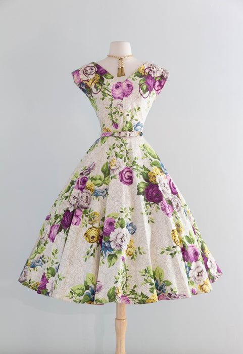 Rare 1950's Saison Happily Married Purple Rose Print Bark Cloth Dress / Waist 28"