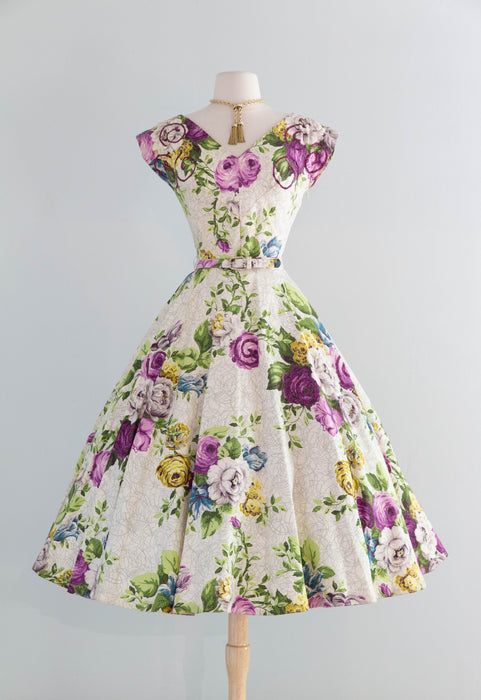 Rare 1950's Saison Happily Married Purple Rose Print Bark Cloth Dress / Waist 28"