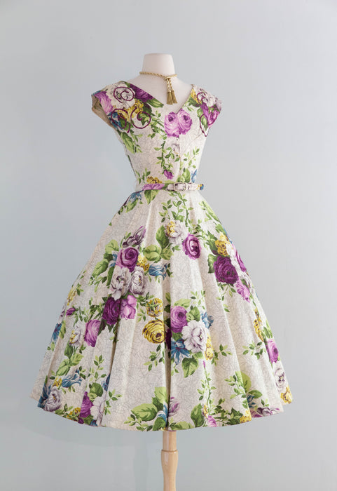 Rare 1950's Saison Happily Married Purple Rose Print Bark Cloth Dress / Waist 28"