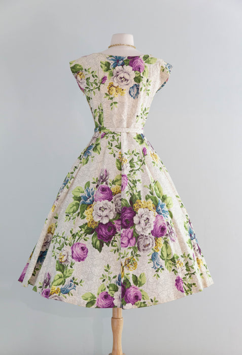 Rare 1950's Saison Happily Married Purple Rose Print Bark Cloth Dress / Waist 28"