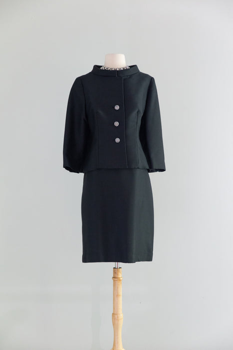Chic 1960's Black Shantung Silk Dress & Jacket Set With Cape Back / ML