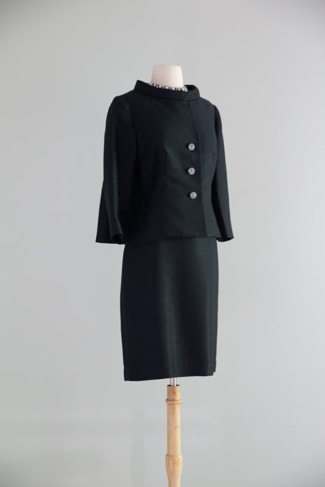Chic 1960's Black Shantung Silk Dress & Jacket Set With Cape Back / ML