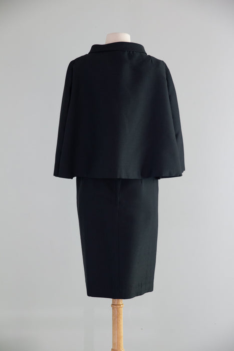 Chic 1960's Black Shantung Silk Dress & Jacket Set With Cape Back / ML