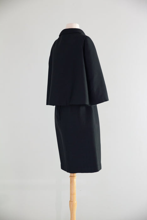 Chic 1960's Black Shantung Silk Dress & Jacket Set With Cape Back / ML