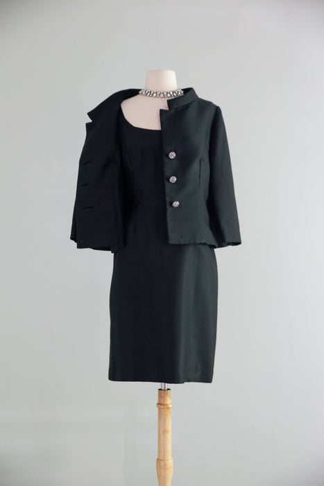 Chic 1960's Black Shantung Silk Dress & Jacket Set With Cape Back / ML