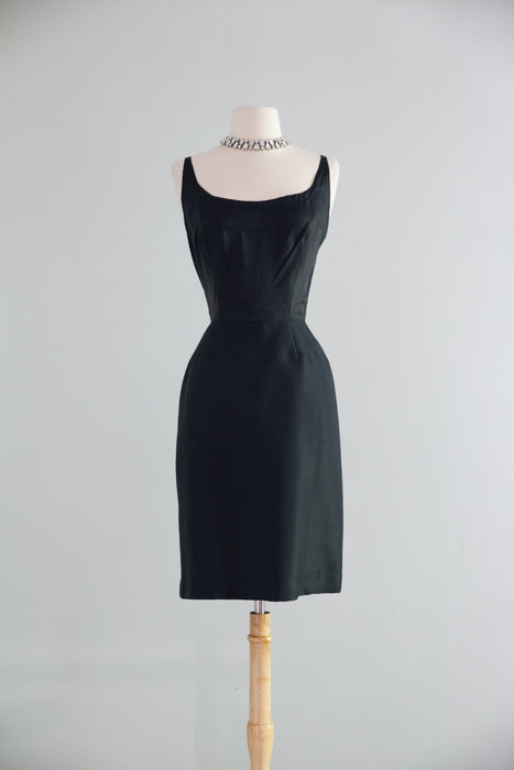 Chic 1960's Black Shantung Silk Dress & Jacket Set With Cape Back / ML