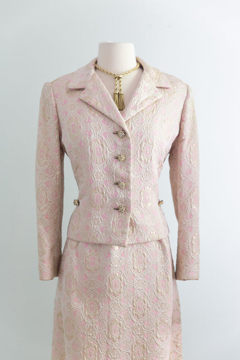 Elegant 1960's Pink & Gold Brocade Dress & Matching Jacket / ML