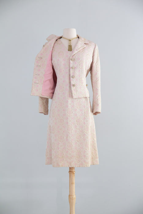 Elegant 1960's Pink & Gold Brocade Dress & Matching Jacket / ML