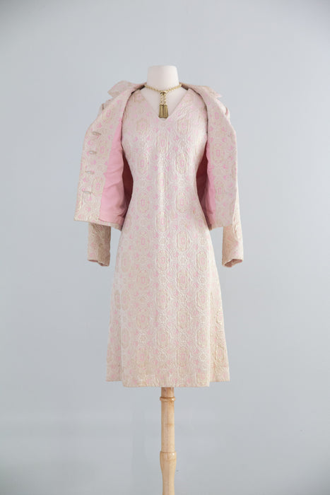 Elegant 1960's Pink & Gold Brocade Dress & Matching Jacket / ML