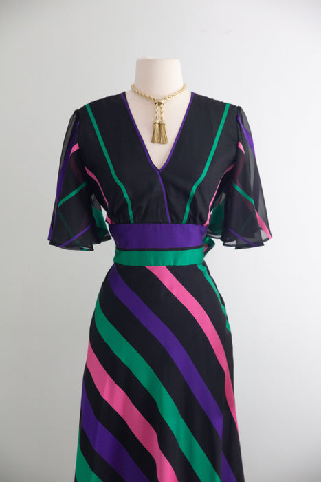 Fabulous 1970's Candy Striped Gown By Vera Mont Paris / M