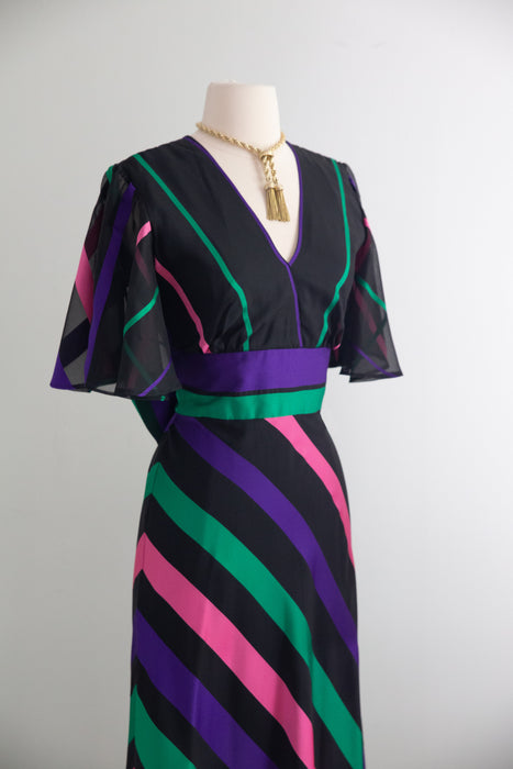 Fabulous 1970's Candy Striped Gown By Vera Mont Paris / M