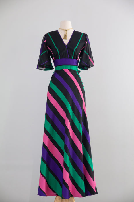 Fabulous 1970's Candy Striped Gown By Vera Mont Paris / M