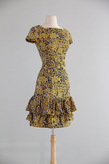 Adorable 1960's Cotton Mini Dress In Navy & Marigold / SM