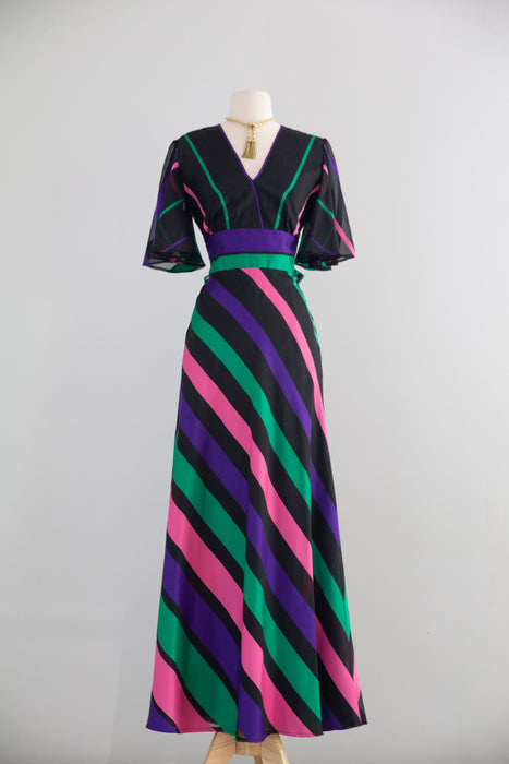 Fabulous 1970's Candy Striped Gown By Vera Mont Paris / M