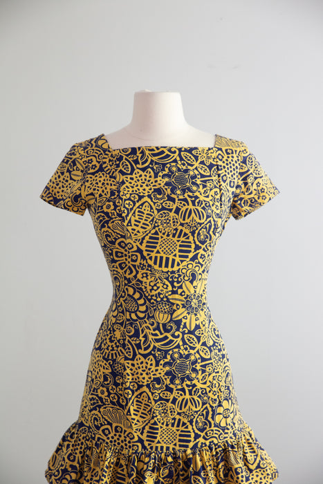 Adorable 1960's Cotton Mini Dress In Navy & Marigold / SM