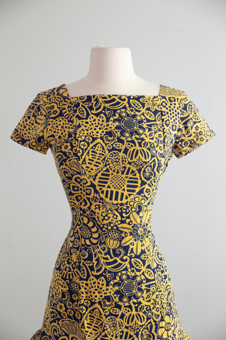 Adorable 1960's Cotton Mini Dress In Navy & Marigold / SM