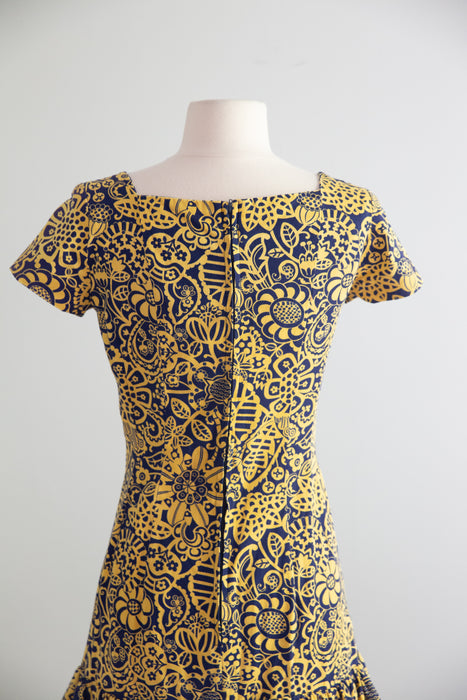 Adorable 1960's Cotton Mini Dress In Navy & Marigold / SM