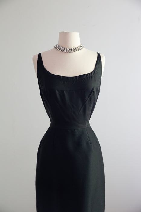 Chic 1960's Black Shantung Silk Dress & Jacket Set With Cape Back / ML