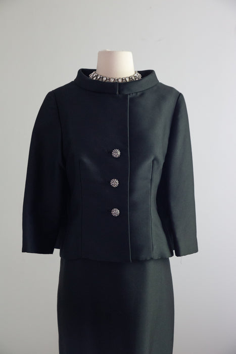 Chic 1960's Black Shantung Silk Dress & Jacket Set With Cape Back / ML