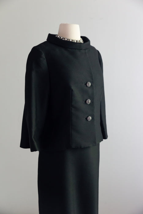 Chic 1960's Black Shantung Silk Dress & Jacket Set With Cape Back / ML