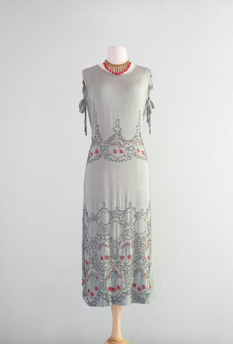 Extraordinary & Rare 1920's Cherry Beaded Silk Crepe Flapper Dress / Medium