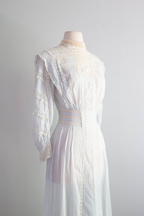 Ethereal Edwardian Cotton Lawn Gown in Pale Blue With Lace Insets  / XS