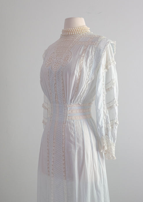 Ethereal Edwardian Cotton Lawn Gown in Pale Blue With Lace Insets  / XS