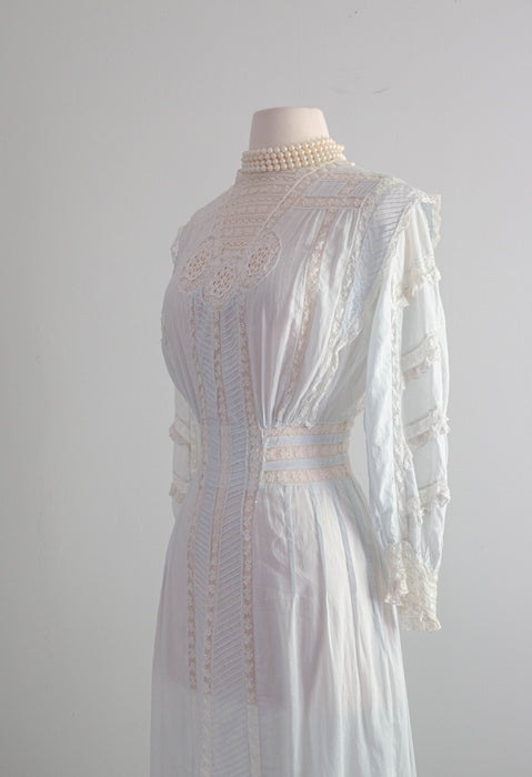 Ethereal Edwardian Cotton Lawn Gown in Pale Blue With Lace Insets  / XS