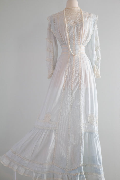 Ethereal Edwardian Cotton Lawn Gown in Pale Blue With Lace Insets  / XS