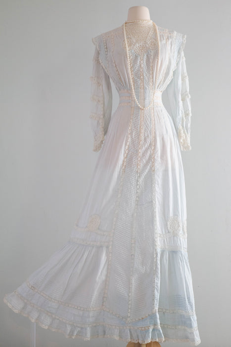 Ethereal Edwardian Cotton Lawn Gown in Pale Blue With Lace Insets  / XS